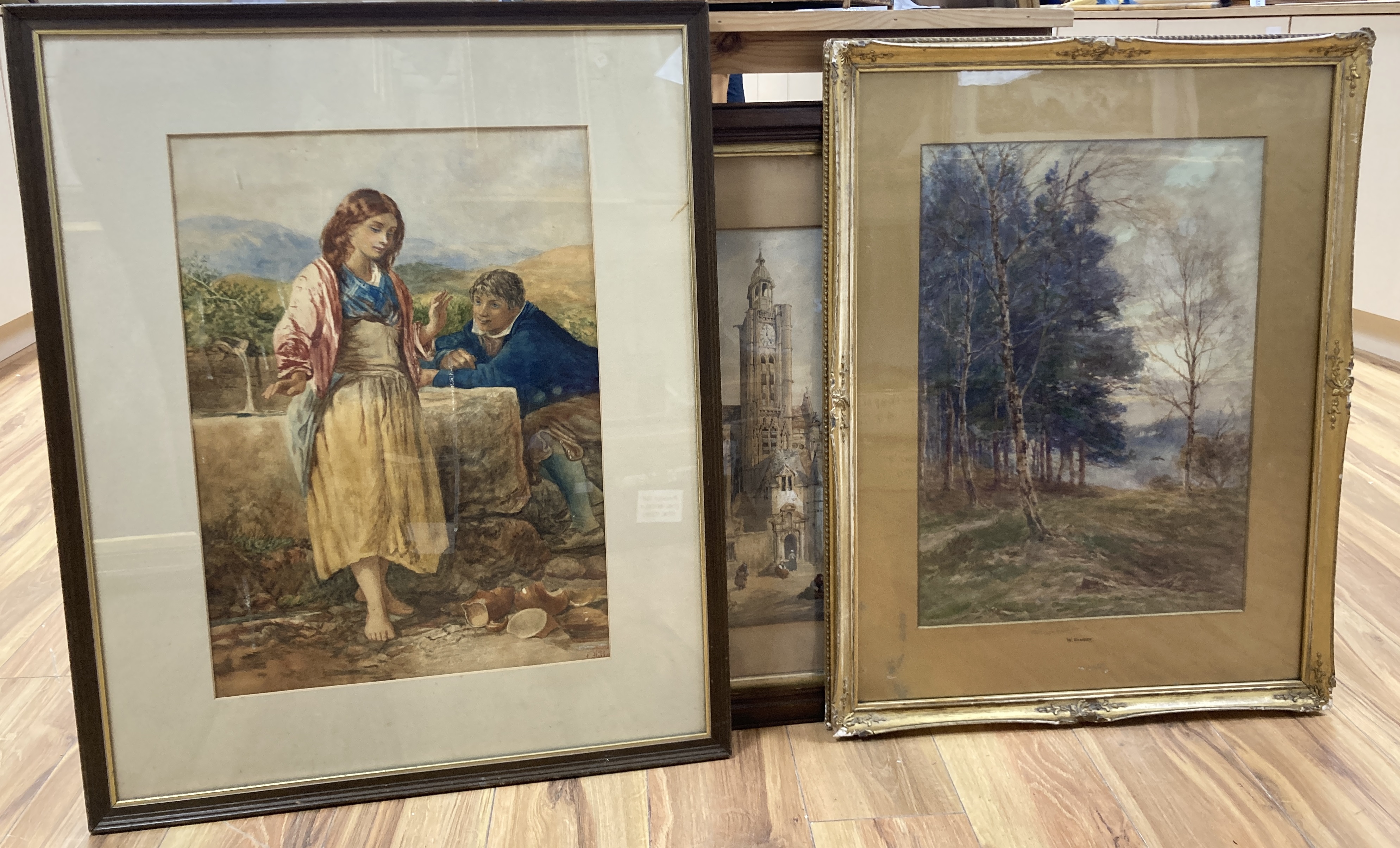 L. Hills (19th century), watercolour, Lovers beside a well, signed, 56 x 39cm, a W. Ramsey watercolour of woodland and a watercolour of St Etienne du Mont, Paris, in the manner of Prout